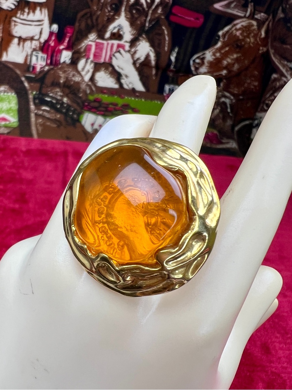 Vintage Remix Ring, Artisan Gold-Tone Amber Glass Fall Statement  Jewelry